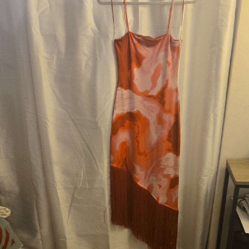 Vibrant Asymmetrical Red, Pink and White Dress with Fringe